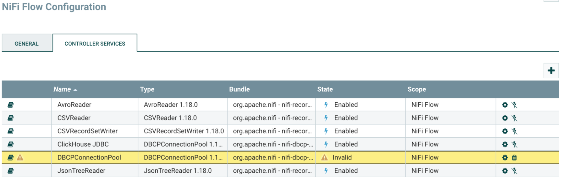 Список Controller Services с DBCPConnectionPool в состоянии Invalid и выделенной кнопкой с иконкой шестерёнки