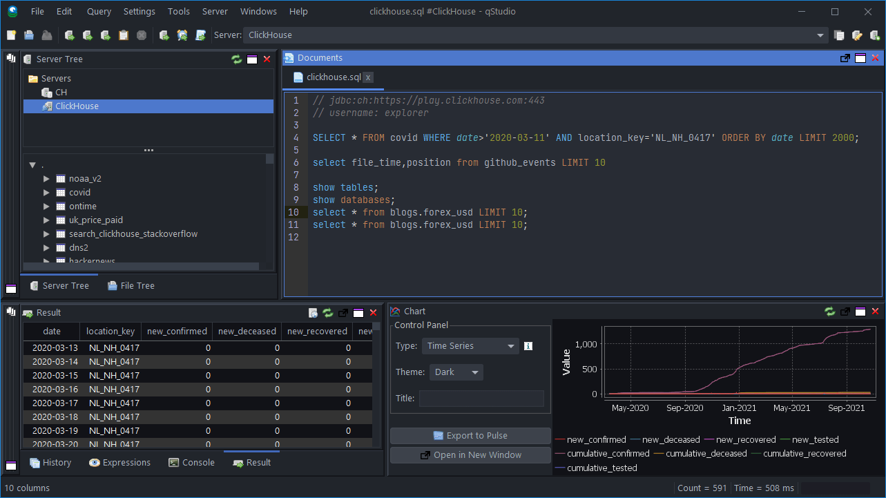 Интерфейс QStudio, показывающий выполнение примерного SQL-запроса к базе данных ClickHouse