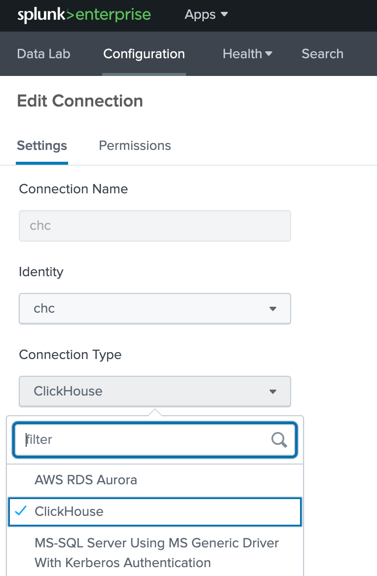 Кнопка создания нового подключения Splunk DB Connect