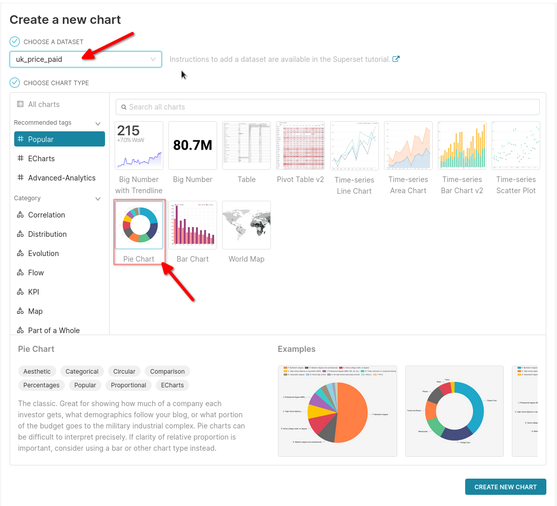 Интерфейс создания диаграммы в Superset с выбранным типом визуализации Pie Chart